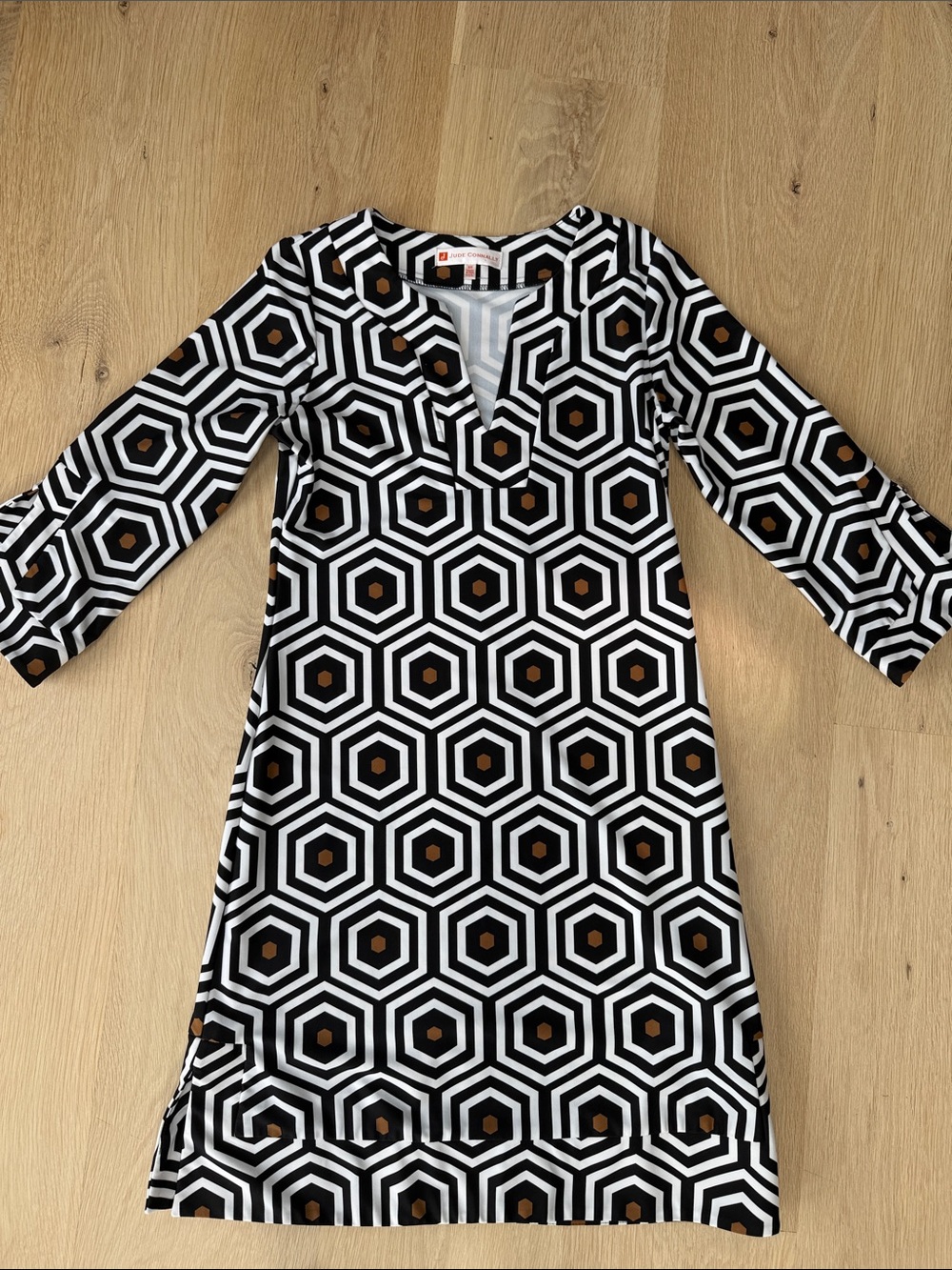 Jude Connally Black, White & Brown Geometric Shift Dress